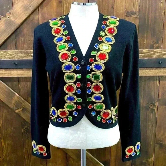 Vintage Carlisle Black 100% Wool Sweater Shrug Multicolor Gems Gold Beads Size L - Picture 1 of 10